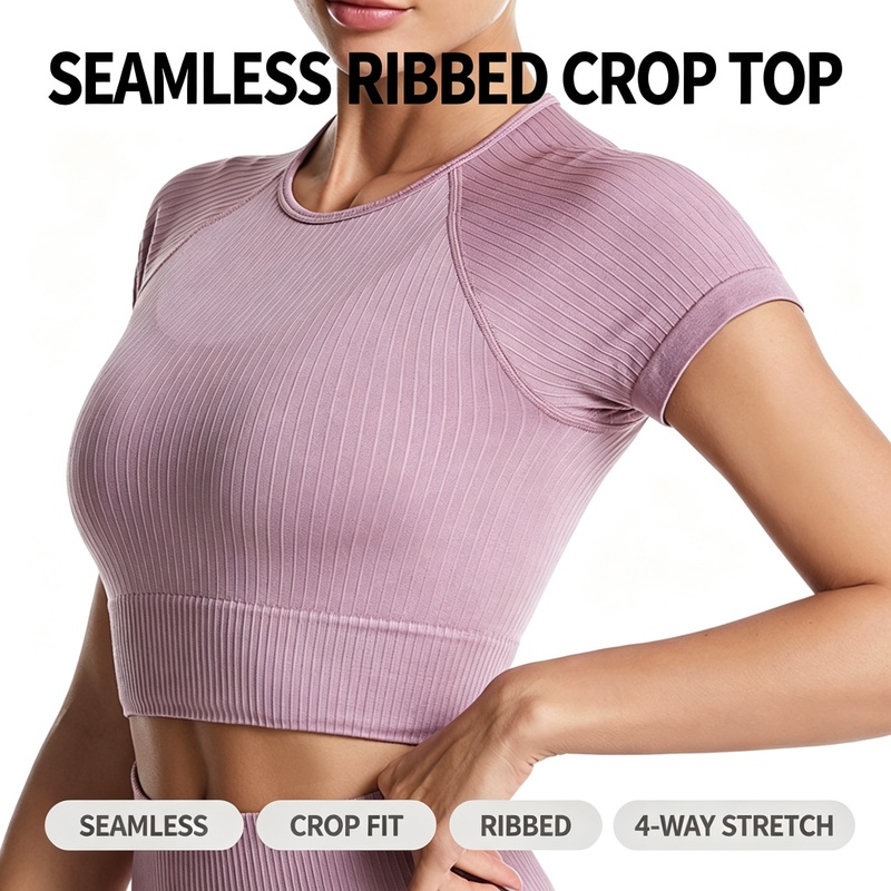Seamless Cropped Yoga T-Shirt | Ribbed Slim Fit, OEM Seamless Cropped Yoga T-Shirt | Ribbed Slim Fit, OEM