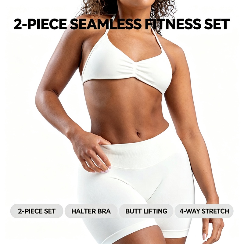 Seamless 2-Piece Workout Set | Halter Top, High-Waist Shorts, OEM Seamless 2-Piece Workout Set | Halter Top, High-Waist Shorts, OEM