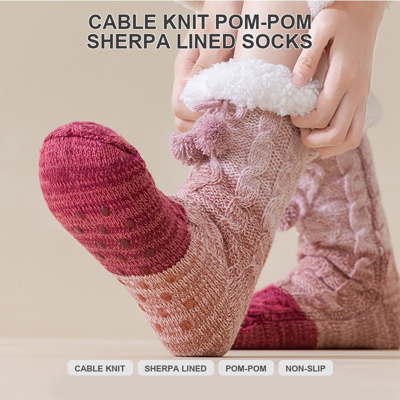 Women's Fuzzy House Socks | Sherpa Lined, Pom-Pom Trim, Anti-Slip, OEM Women's Fuzzy House Socks | Sherpa Lined, Pom-Pom Trim, Anti-Slip, OEM